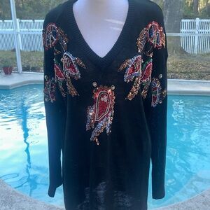 Chic Black 1990’s Vintage V-Neck Sweater with Colorful Sequins Granny Core